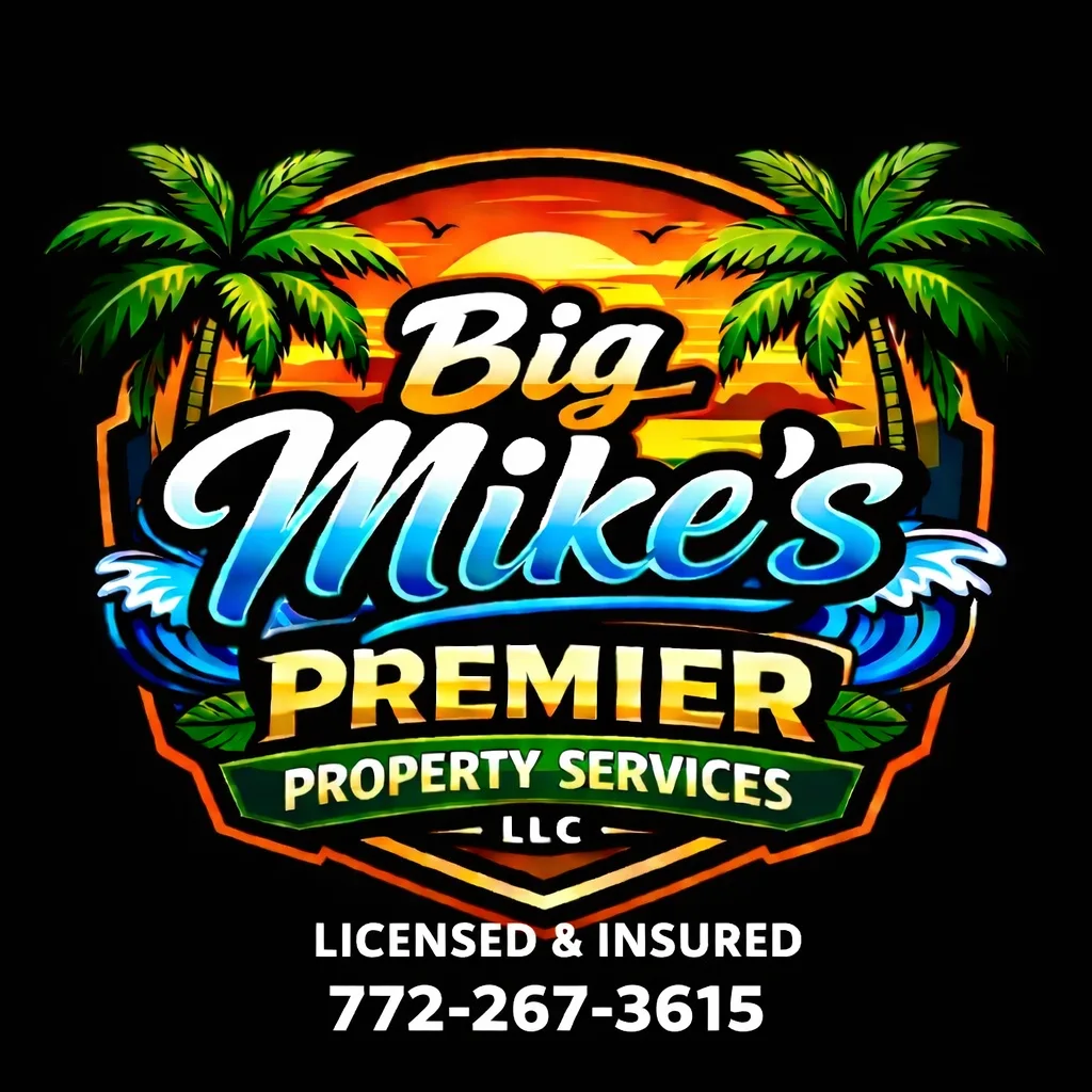 Big Mike's Premier Property Services LLC logo featuring a Florida sunset, palm trees, ocean waves, and the company's licensed and insured property service branding
