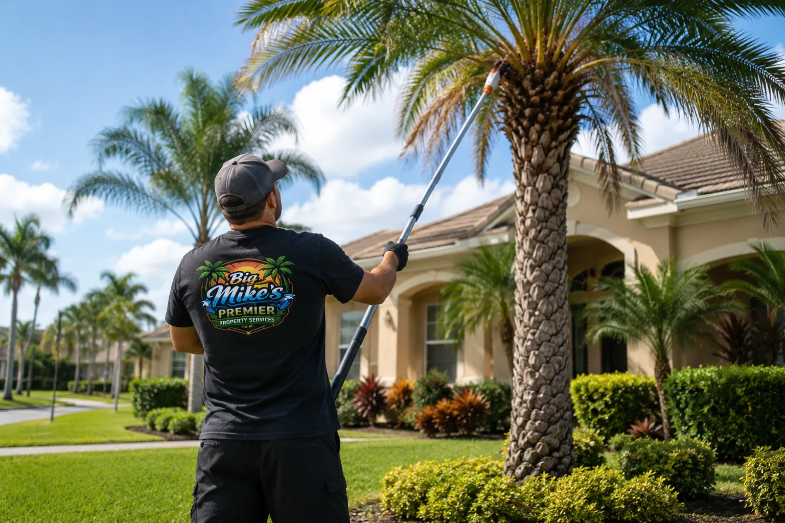 Big Mike's Premier Property Services team member trimming a palm tree with a pole saw at a well maintained Space Coast residential property